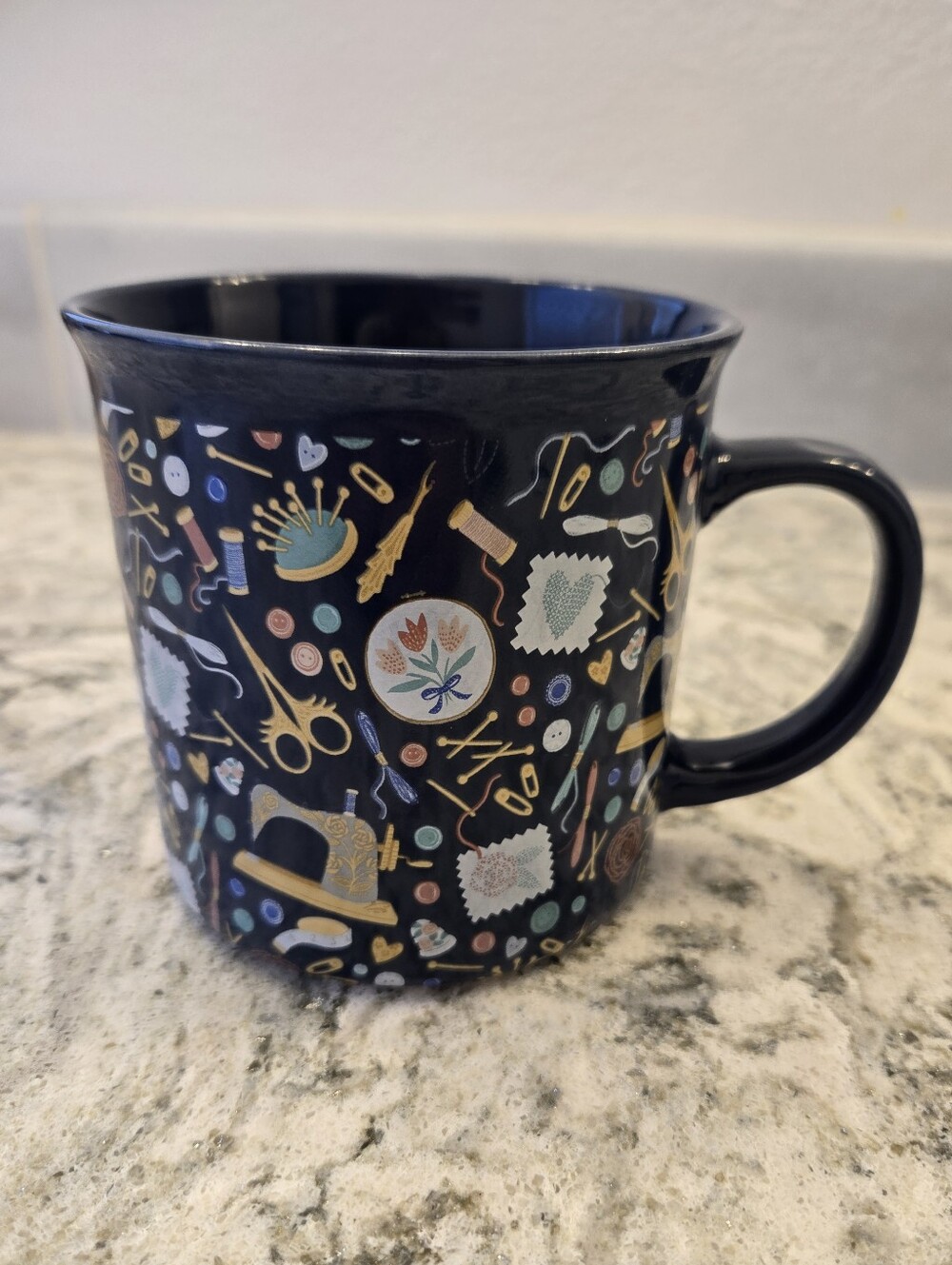 Like New Hudson 43 Sewing-Themed Ceramic Mug in Dark Blue with Gold Accents